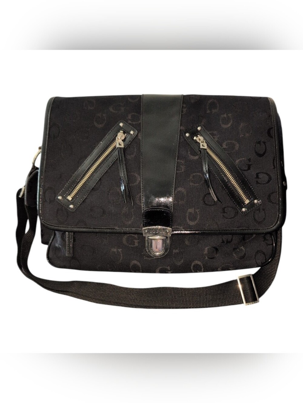 Vintage Unisex Y2K Guess Textured Monogram Messenger Blck Logo Shoulder Bag Rare